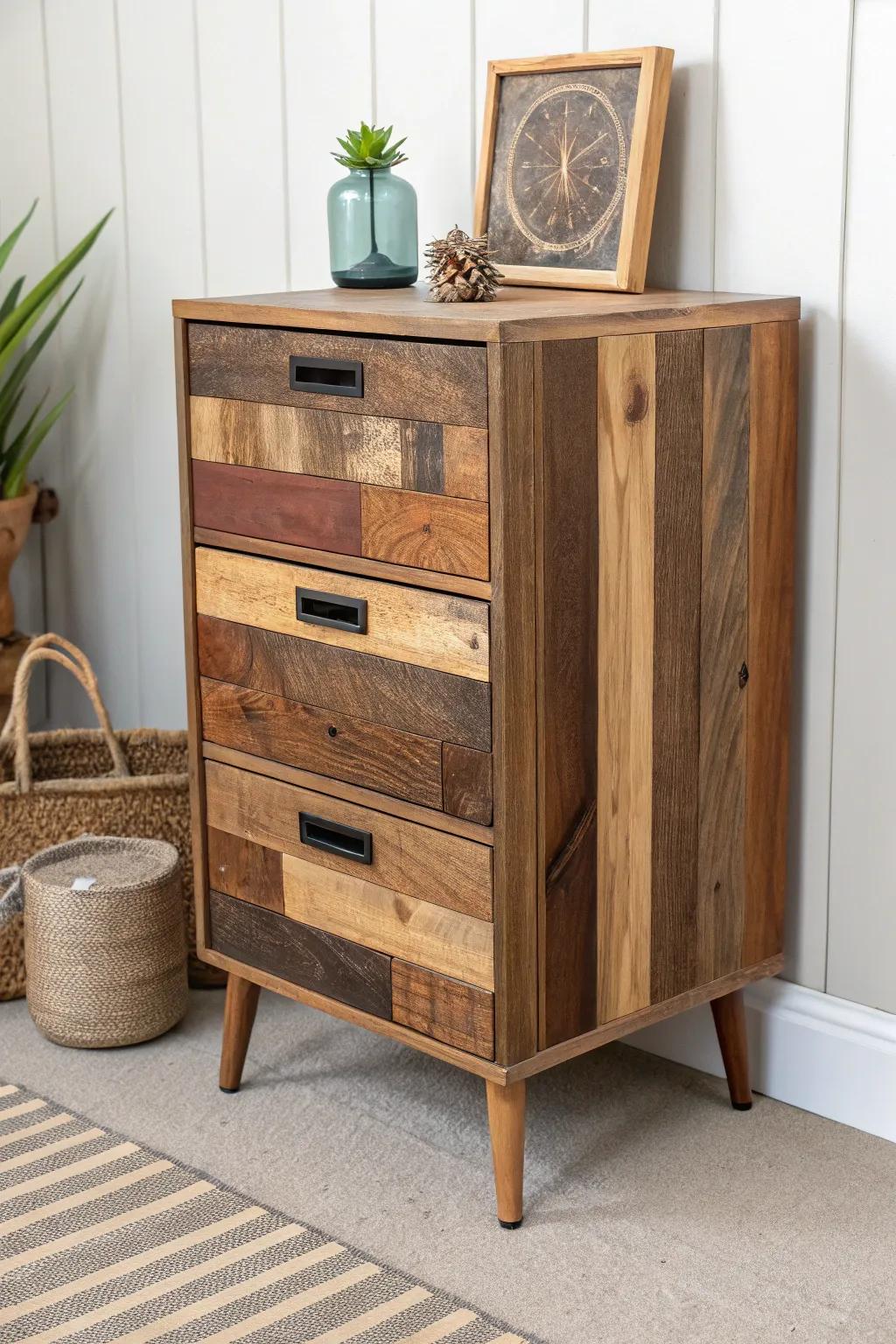 Transform your file cabinet into a rustic masterpiece with a Scandinavian-Boho touch using reclaimed wood planks.