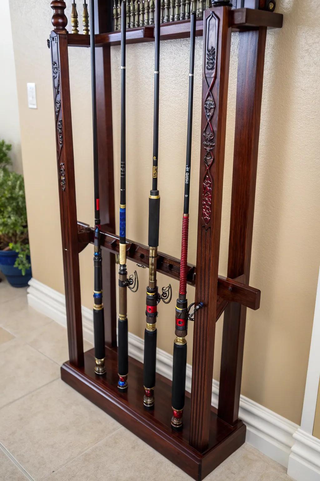 Elevate your space with a handcrafted vertical fishing rod stand—where functionality meets elegant decor.
