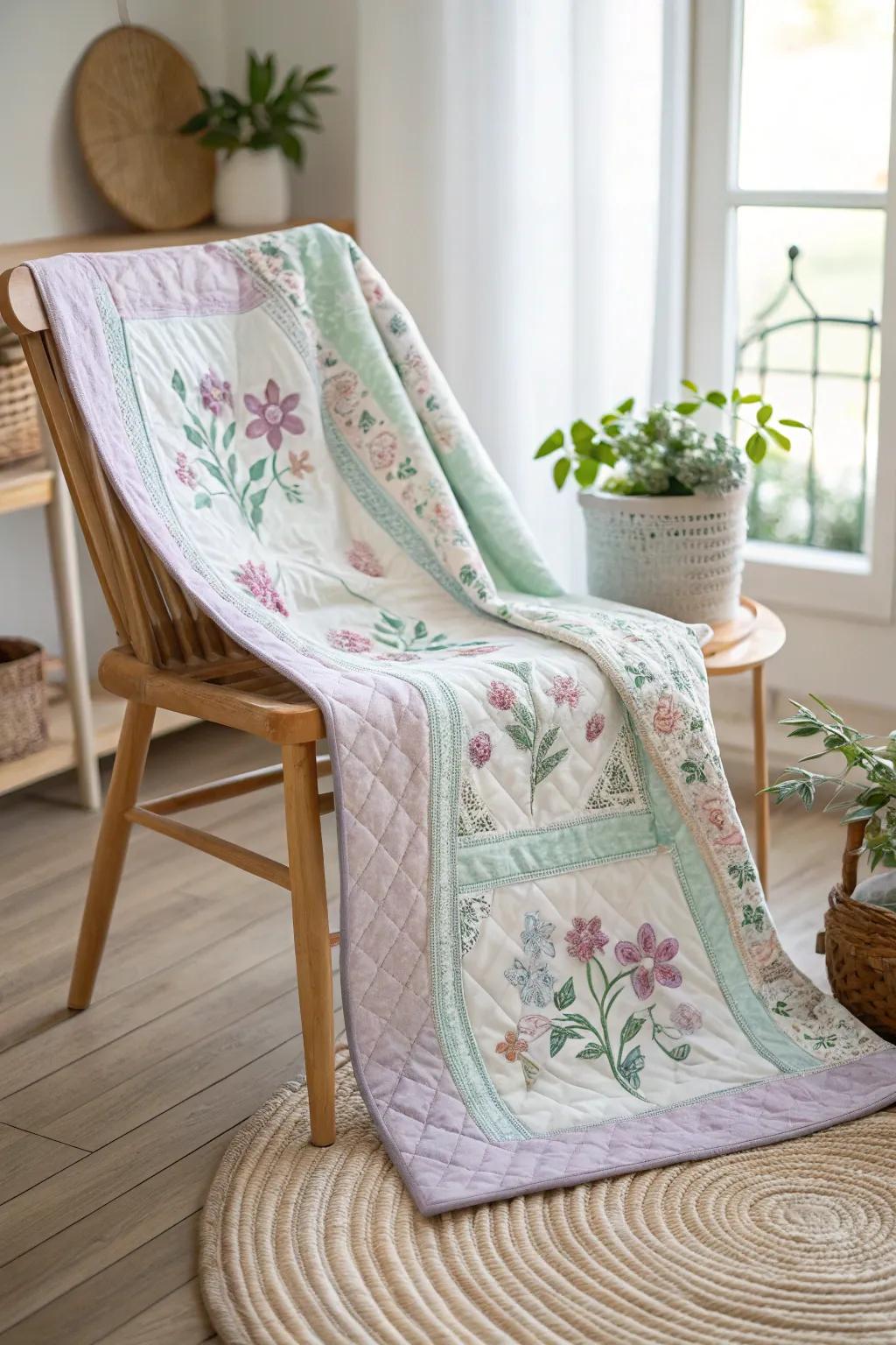 Embrace a touch of nostalgia with this vintage blossom quilt, where delicate florals and soft pastels create timeless beauty.