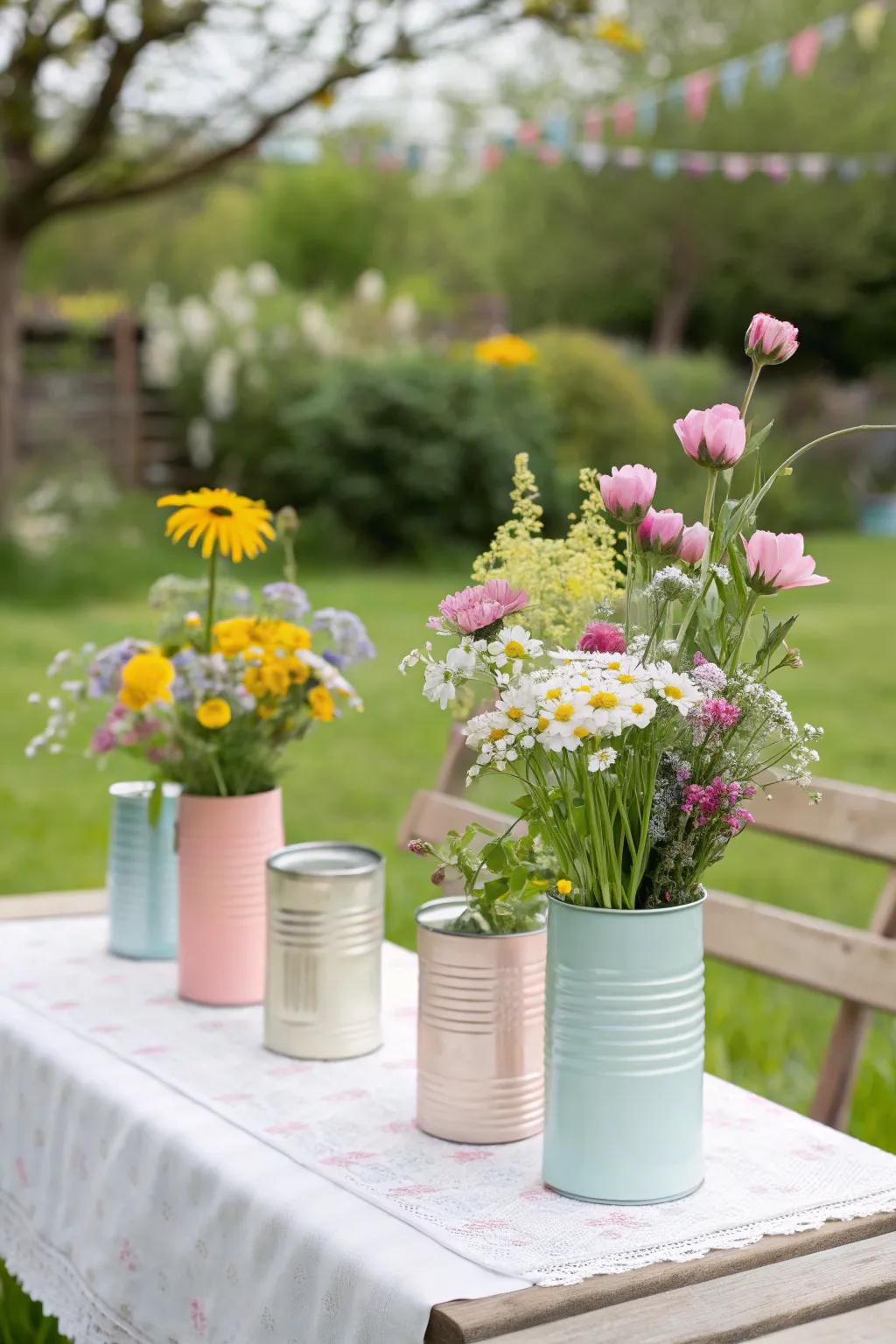 Tin cans add whimsical charm to a garden party setup.