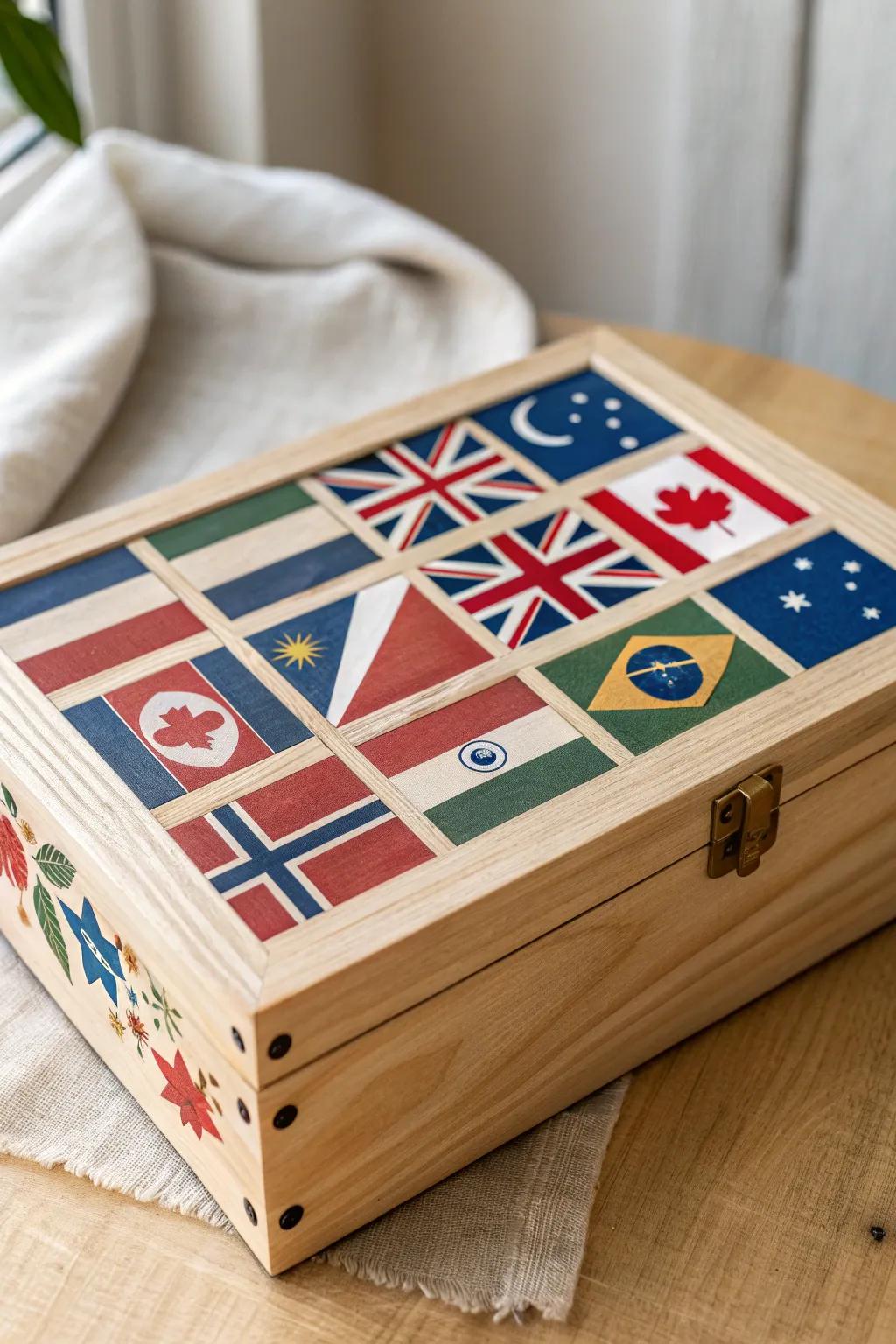 Celebrate unity through art: a cultural tapestry of symbols and flags beautifully crafted on a minimalist wooden box.