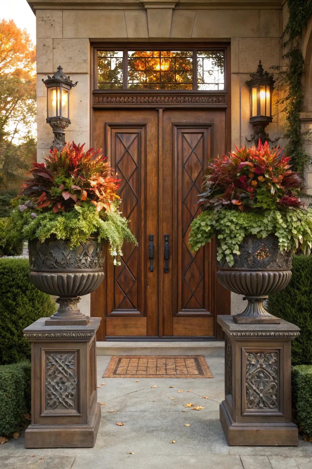 Elevate your entryway with symmetrical planters that spotlight craftsmanship and seasonal charm.