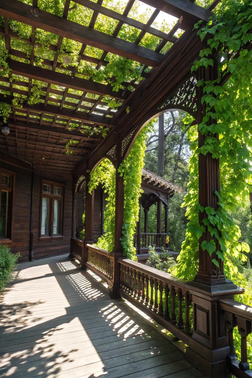 Transform your front porch into a verdant paradise with a handcrafted pergola adorned with lush climbing vines.