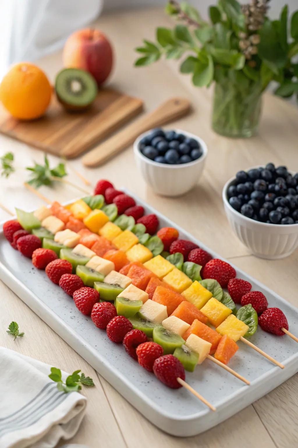 Experience the joy of color with this Rainbow Delight fruit kabob display, perfect for adding a touch of vibrancy to any occasion.
