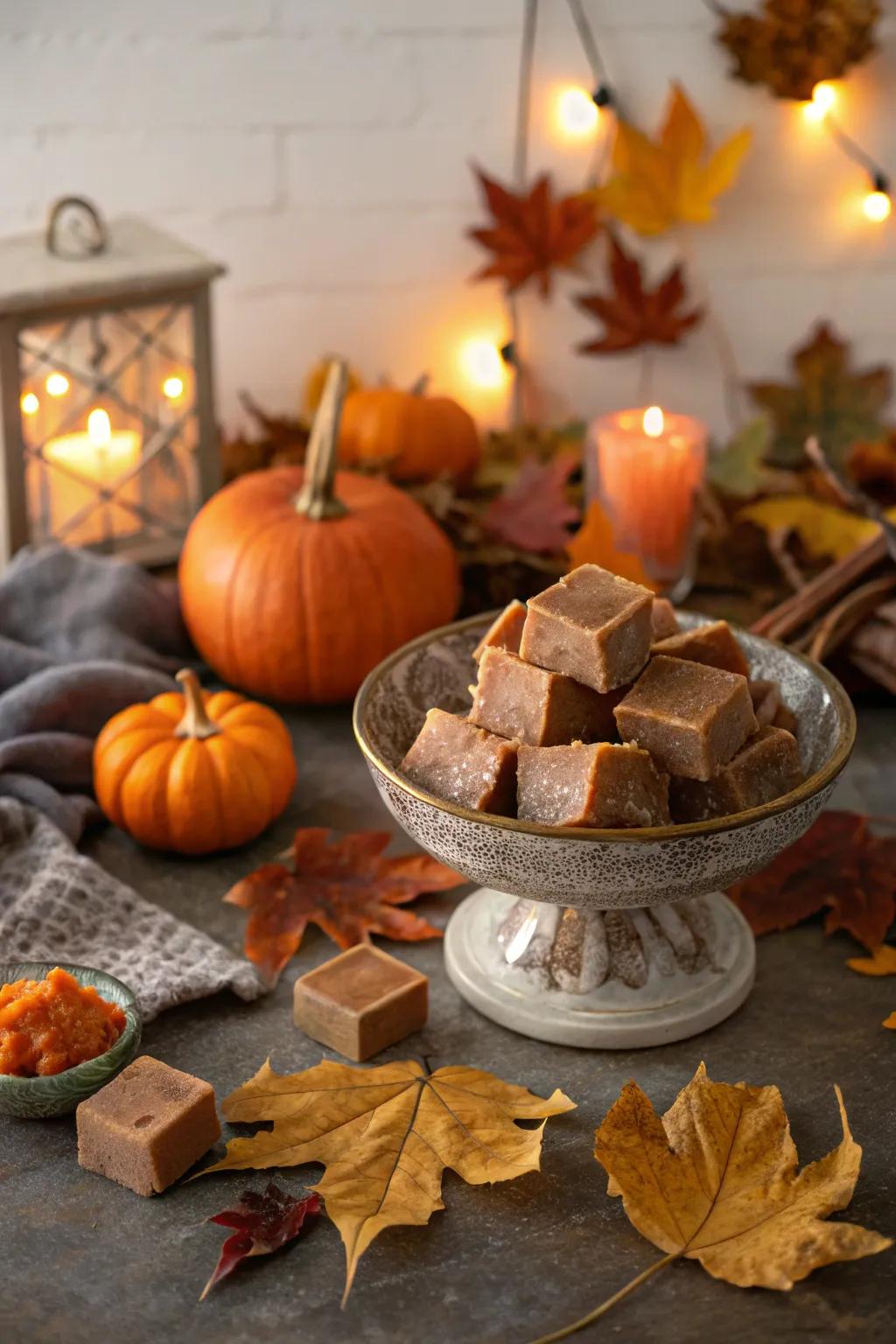 A seasonal-themed fudge display with autumn accents.