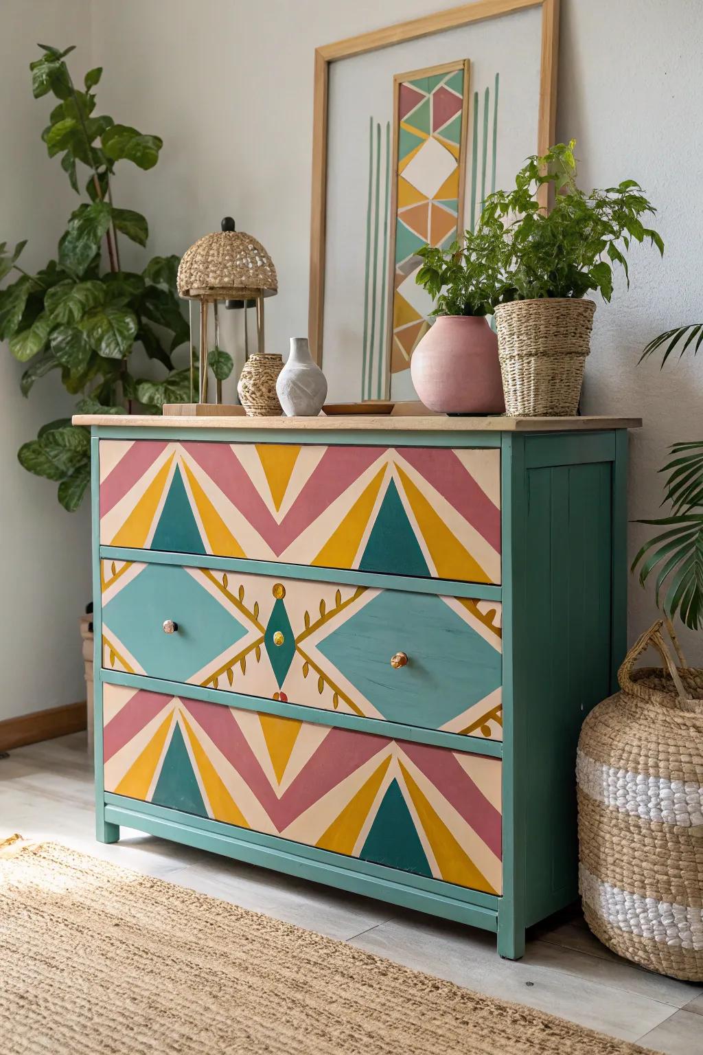 Transform your space with a splash of artistry: Eclectic meets modern in this vibrant dresser design.