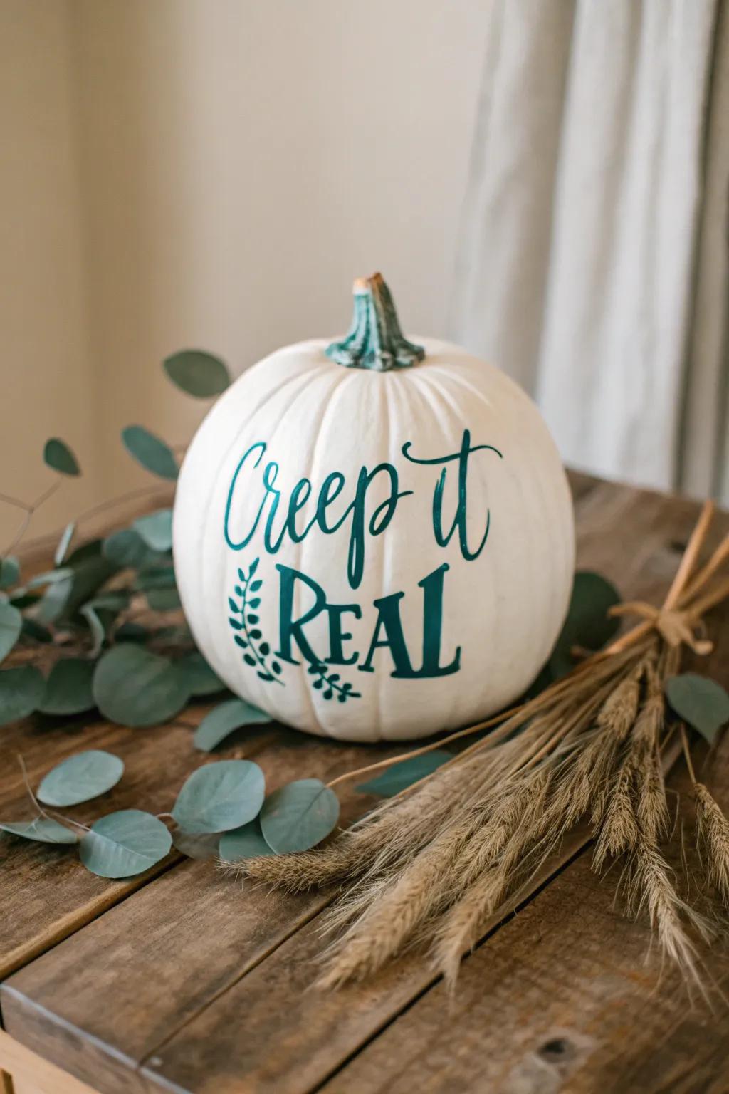 Add a touch of humor to your autumn decor with punny painted pumpkins like 'Creep it Real' — a perfect blend of wit and style!