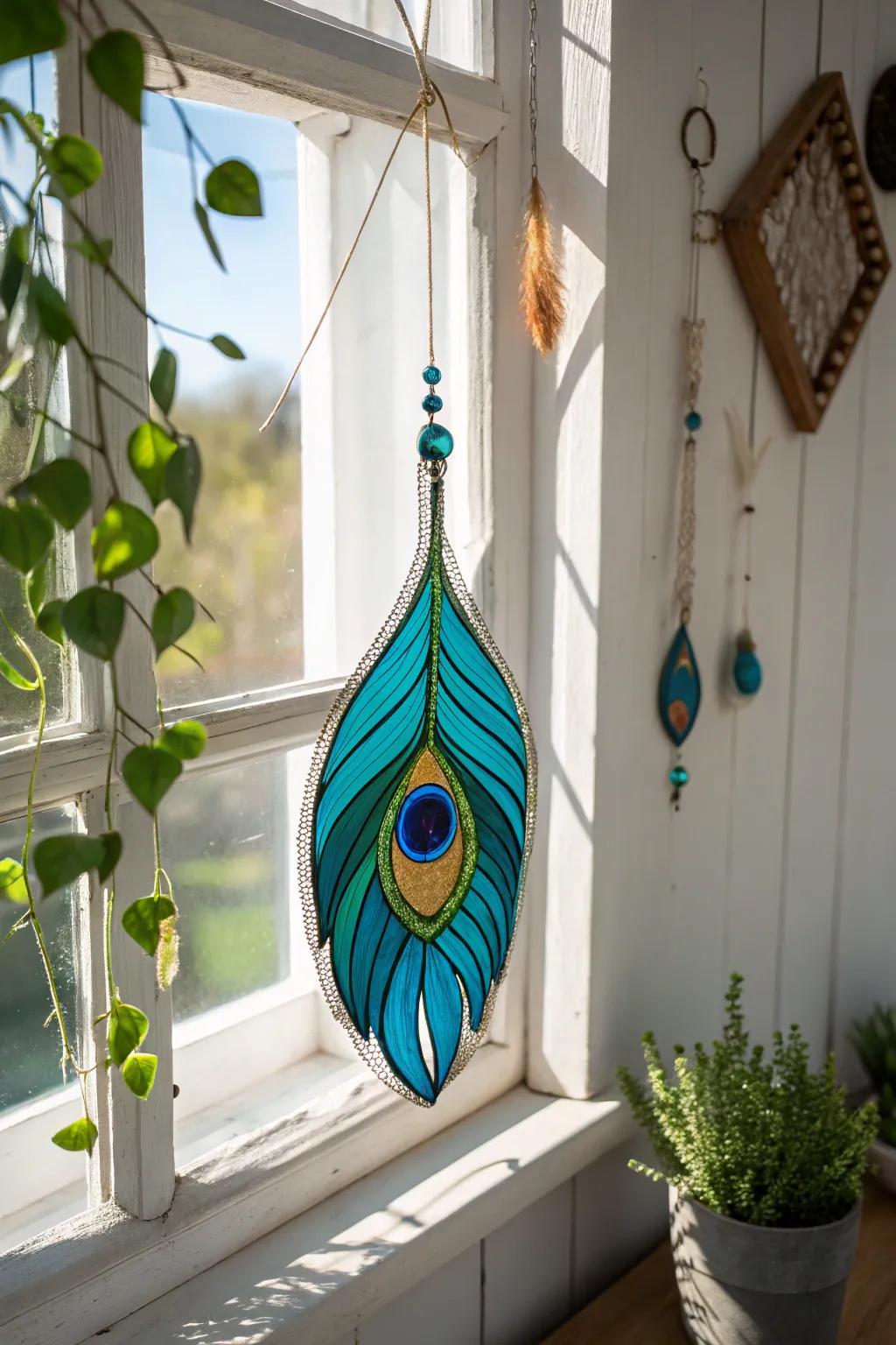 Let your space dance with color and light with this exquisite peacock feather suncatcher.