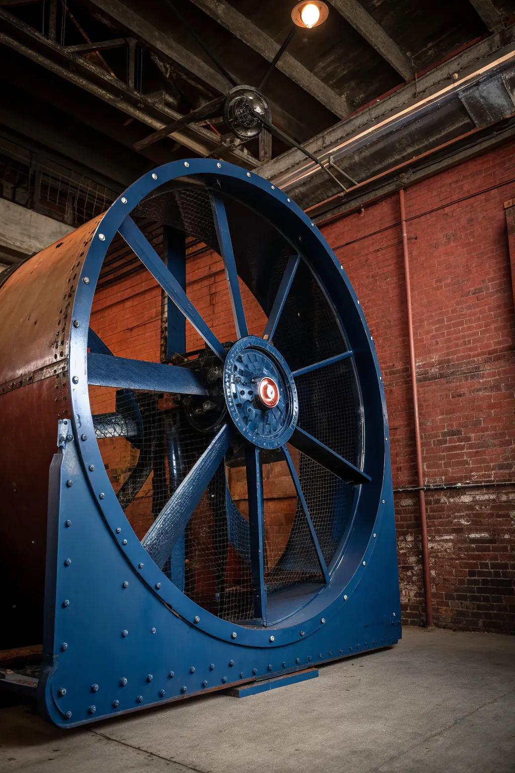 Unleash the power of craftsmanship with this striking industrial fan – the ultimate companion for your heavy-duty garage projects.