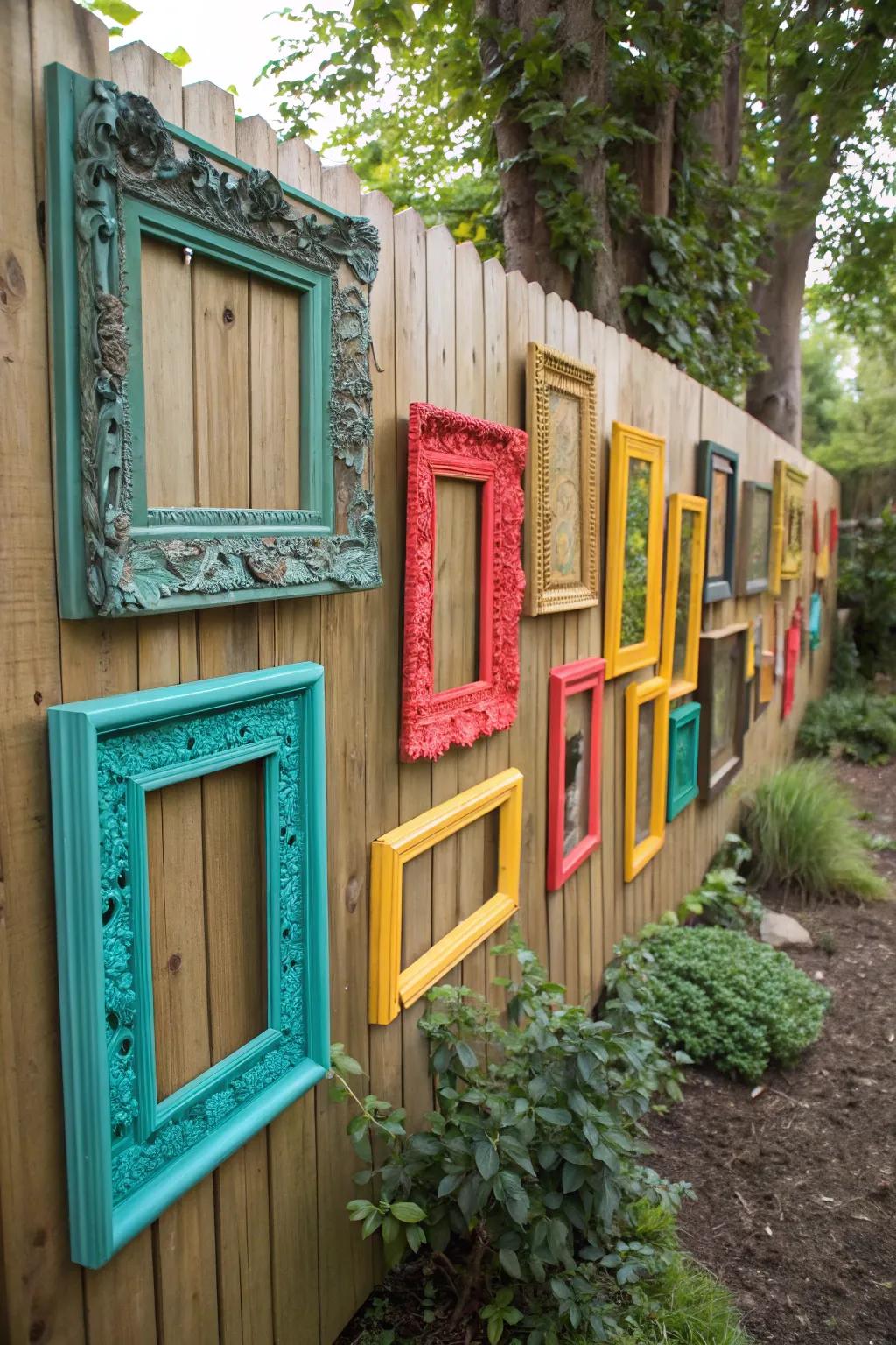 Transform your garden into a vibrant gallery with colorful recycled frames—where simplicity meets creativity!