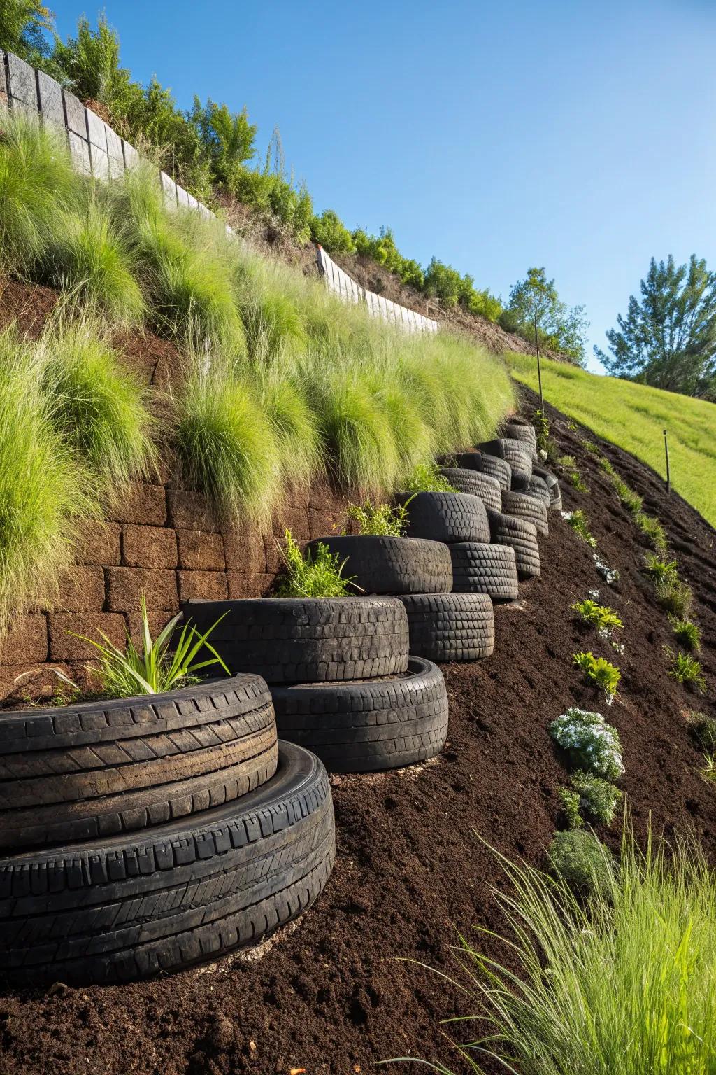 Craftsmanship meets nature: A tire retaining wall transformed into a lush, native landscape.