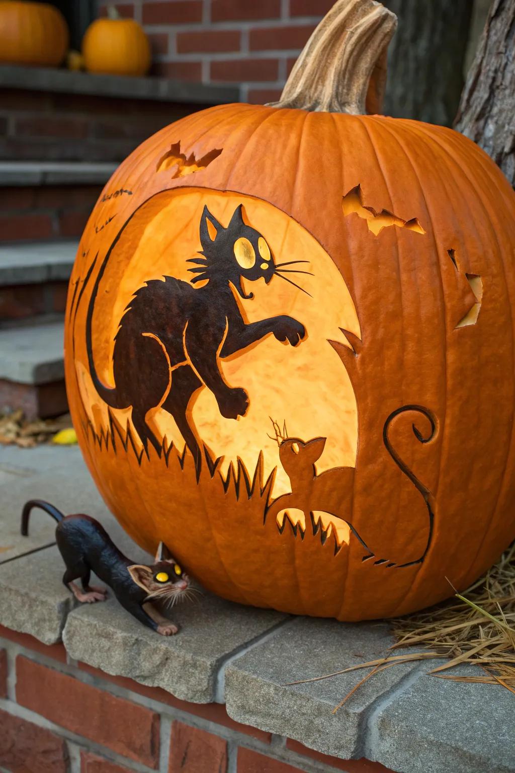 Catch the playful spirit of fall with this masterfully carved cat and mouse chase on a giant pumpkin!