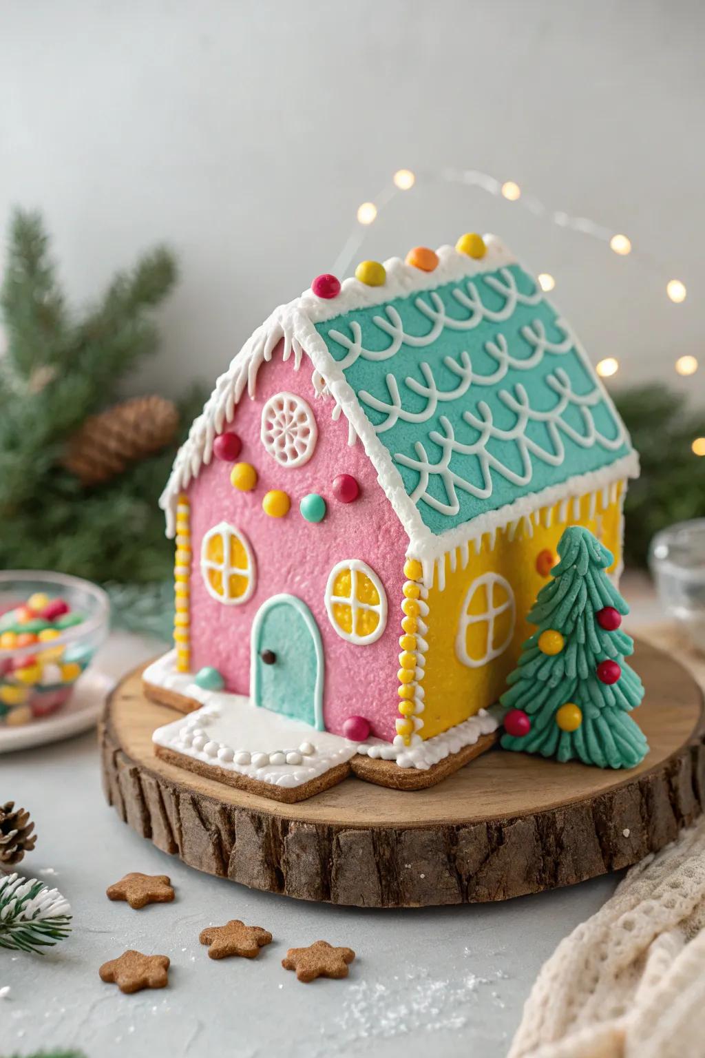 Add a splash of whimsy to your holiday decor with this colorful gingerbread masterpiece.