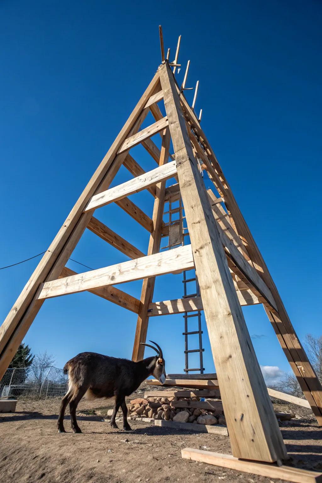 Elevate your backyard with this expertly crafted A-frame goat chalet, where adventure meets shelter.