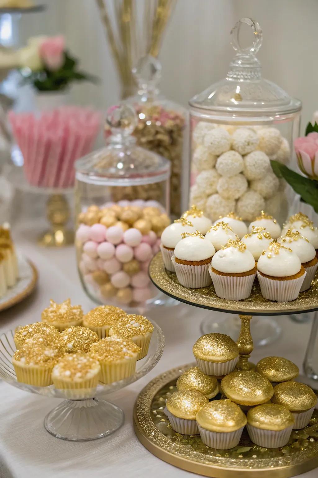 A delectable display of golden desserts that promises to delight the senses.