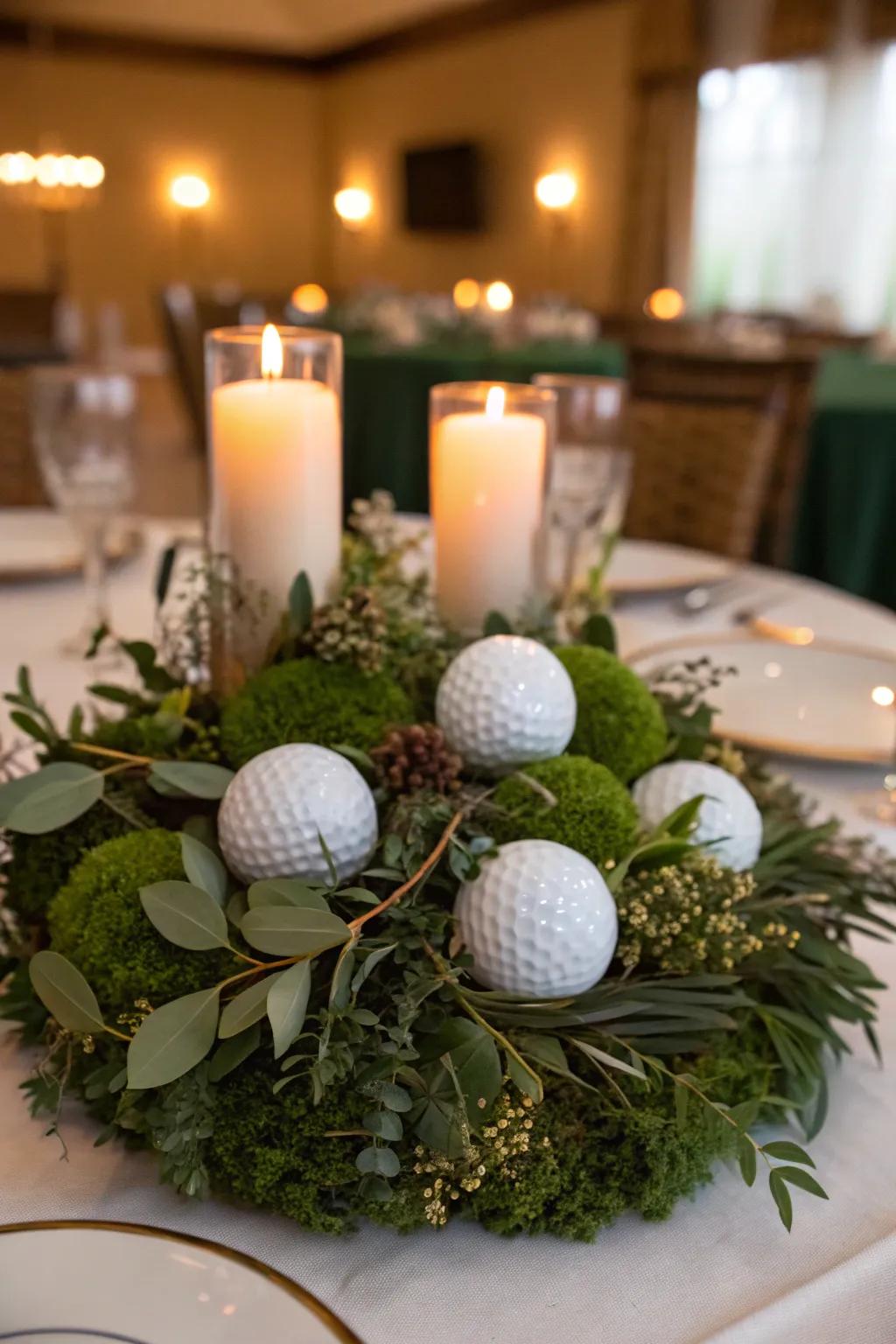 Elegant golf ball centerpieces bring the theme to the table.