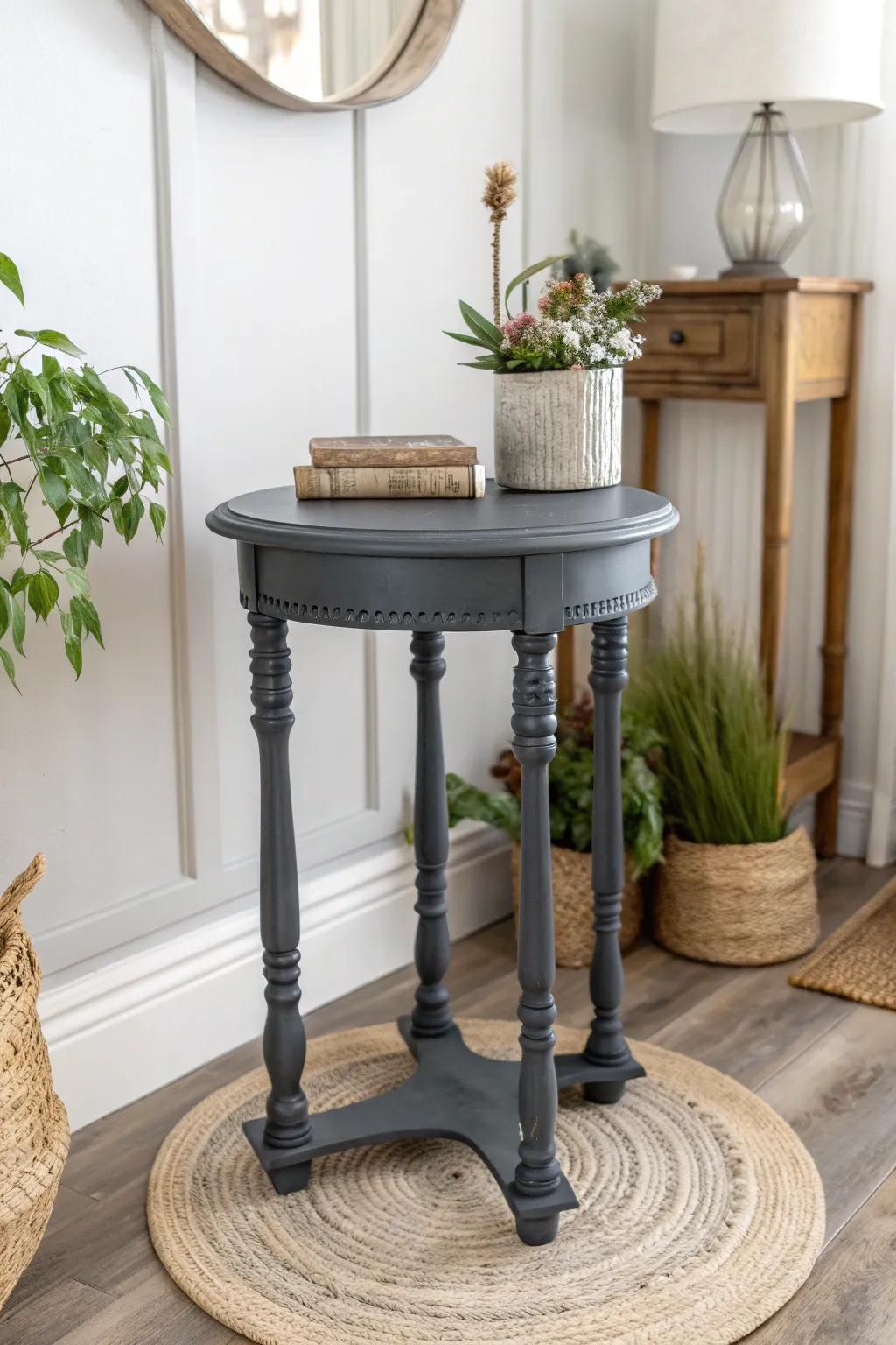 Elevate your space with a chic accent table in bold charcoal gray—where minimalism meets Boho charm.