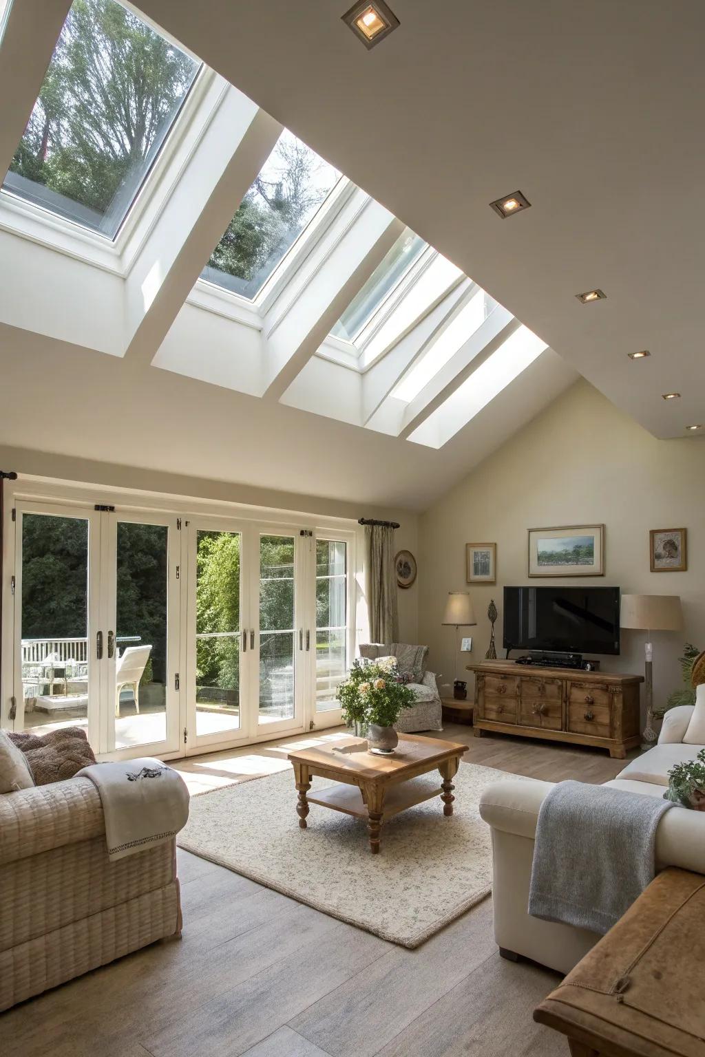 Skylights illuminate a vaulted ceiling living room, creating a bright and airy space.