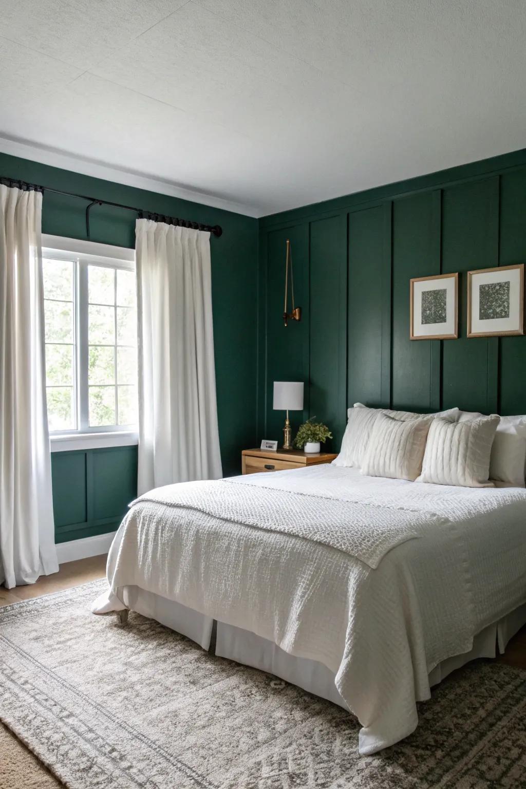 A modern bedroom showcasing the contrast between dark green walls and white elements.