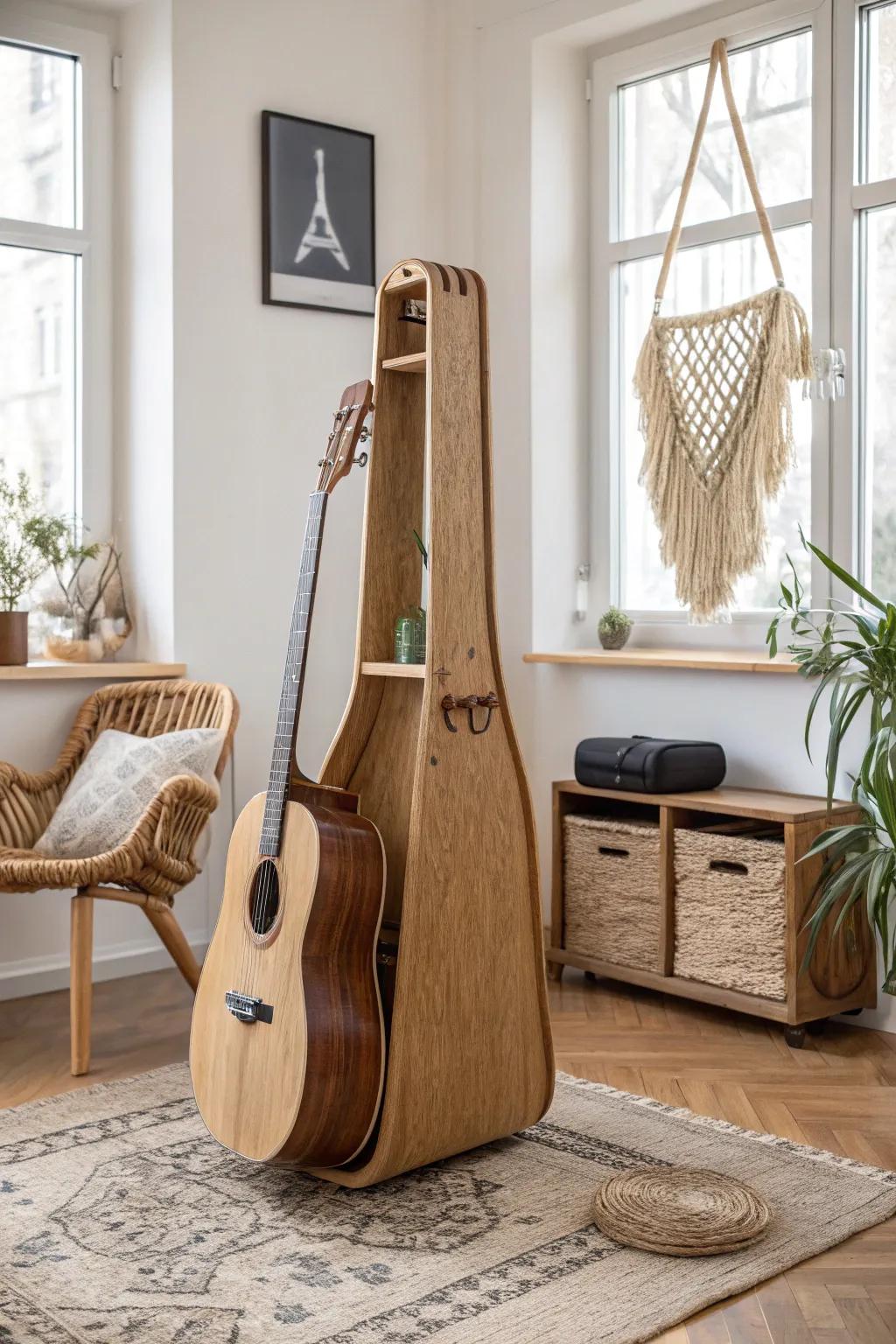 Transform your living space with a guitar case rack that doubles as a stunning piece of art. 🎸✨ #ScandinavianDesign #BohoChic #LivingRoomInspo