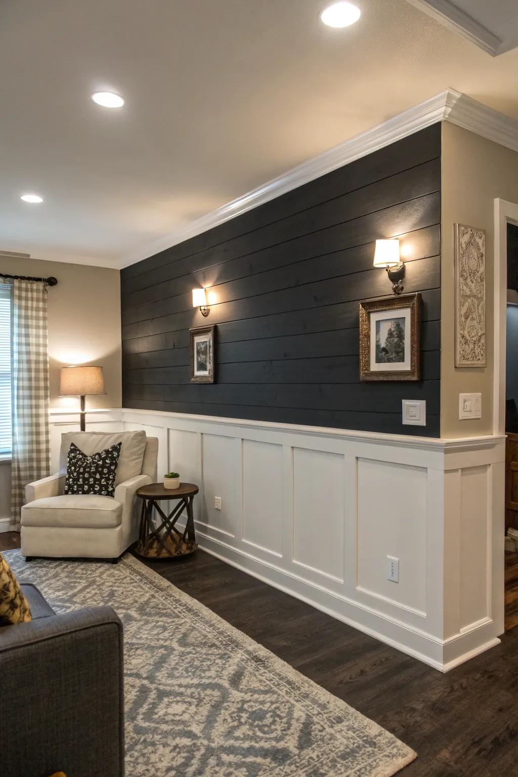 Dark shiplap creates bold contrast and depth in a living room.