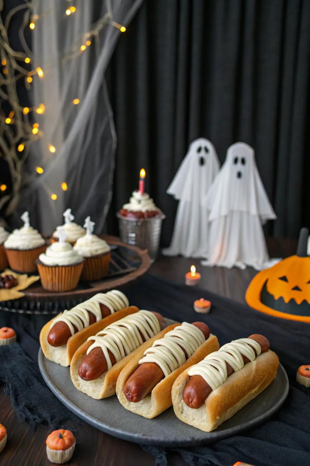 Spooky-themed treats delight guests at a Halloween baby shower.
