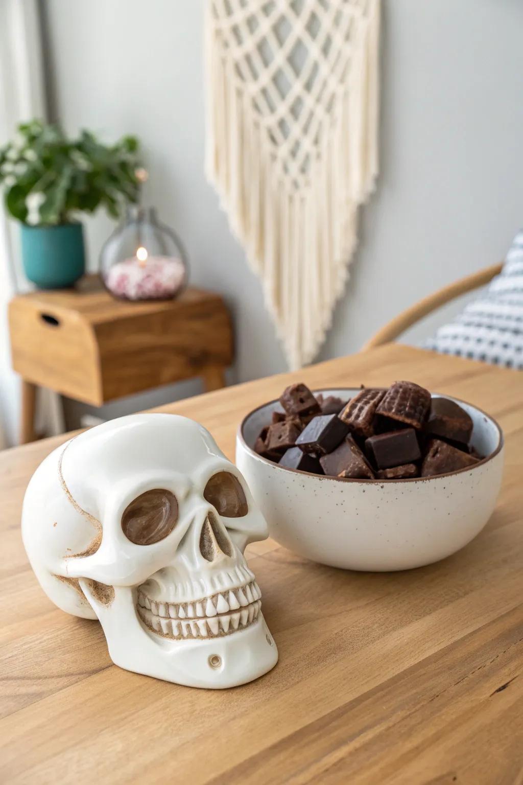Elevate your Halloween decor with a chic Skull Candy Dish, perfectly blending simplicity and spookiness.