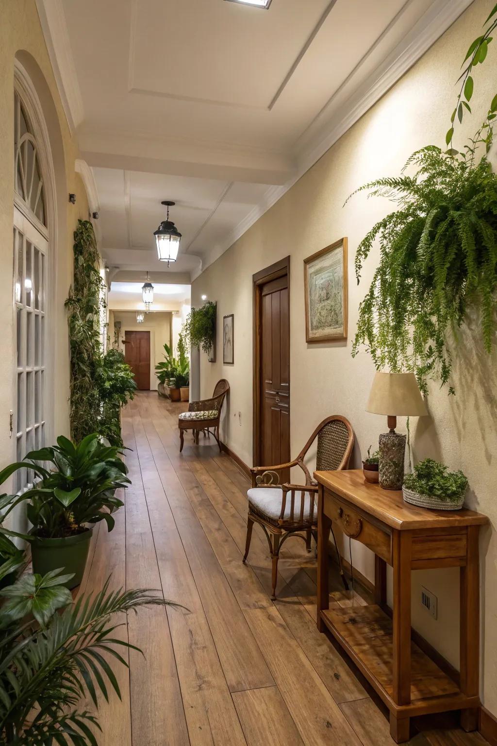 Wood tones add a natural and inviting touch to hallways.