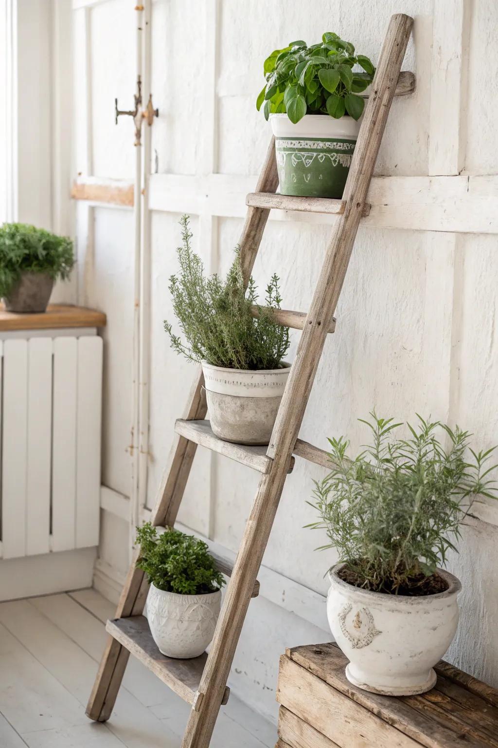 Elevate your greens: a vintage ladder becomes a chic herb stand, merging rustic charm with modern minimalism.