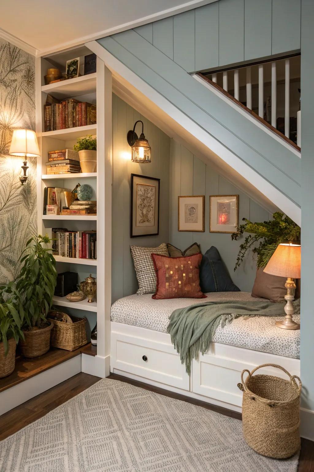 Cozy hideaway bed under the staircase