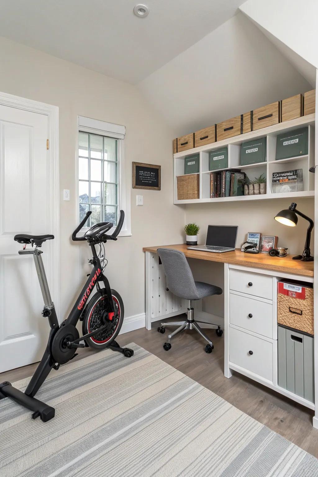 Compact equipment maximizes space efficiency in your home office gym.