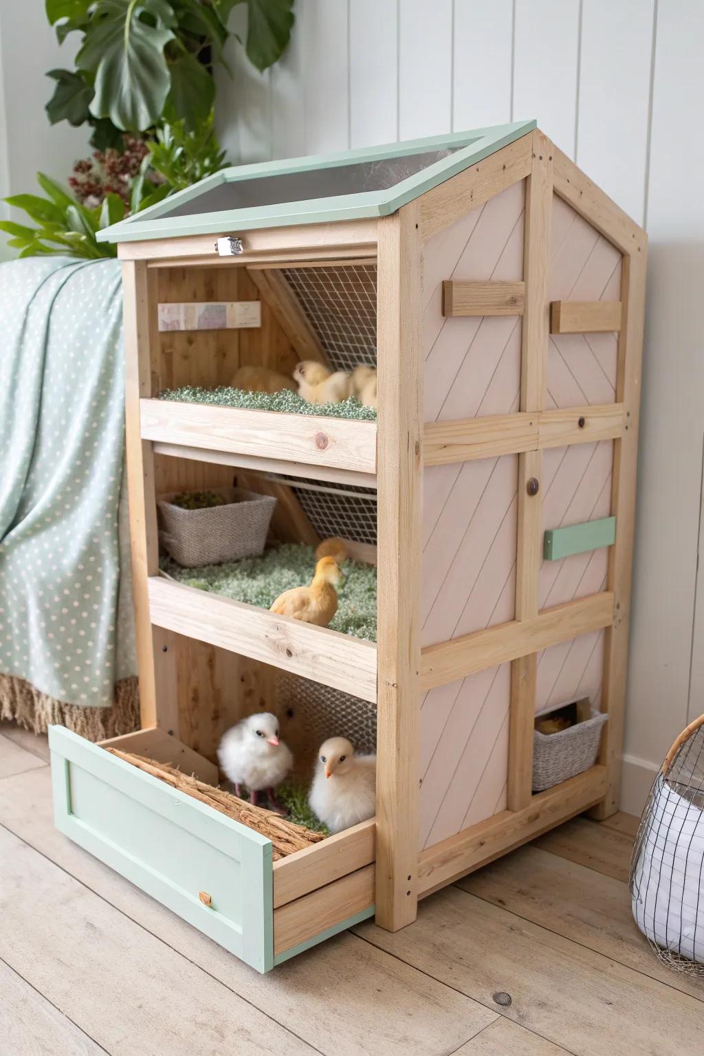 Chic Comfort: A DIY multi-level chick brooder with a Scandinavian Boho flair, turning your backyard into a royal retreat for your feathered friends!