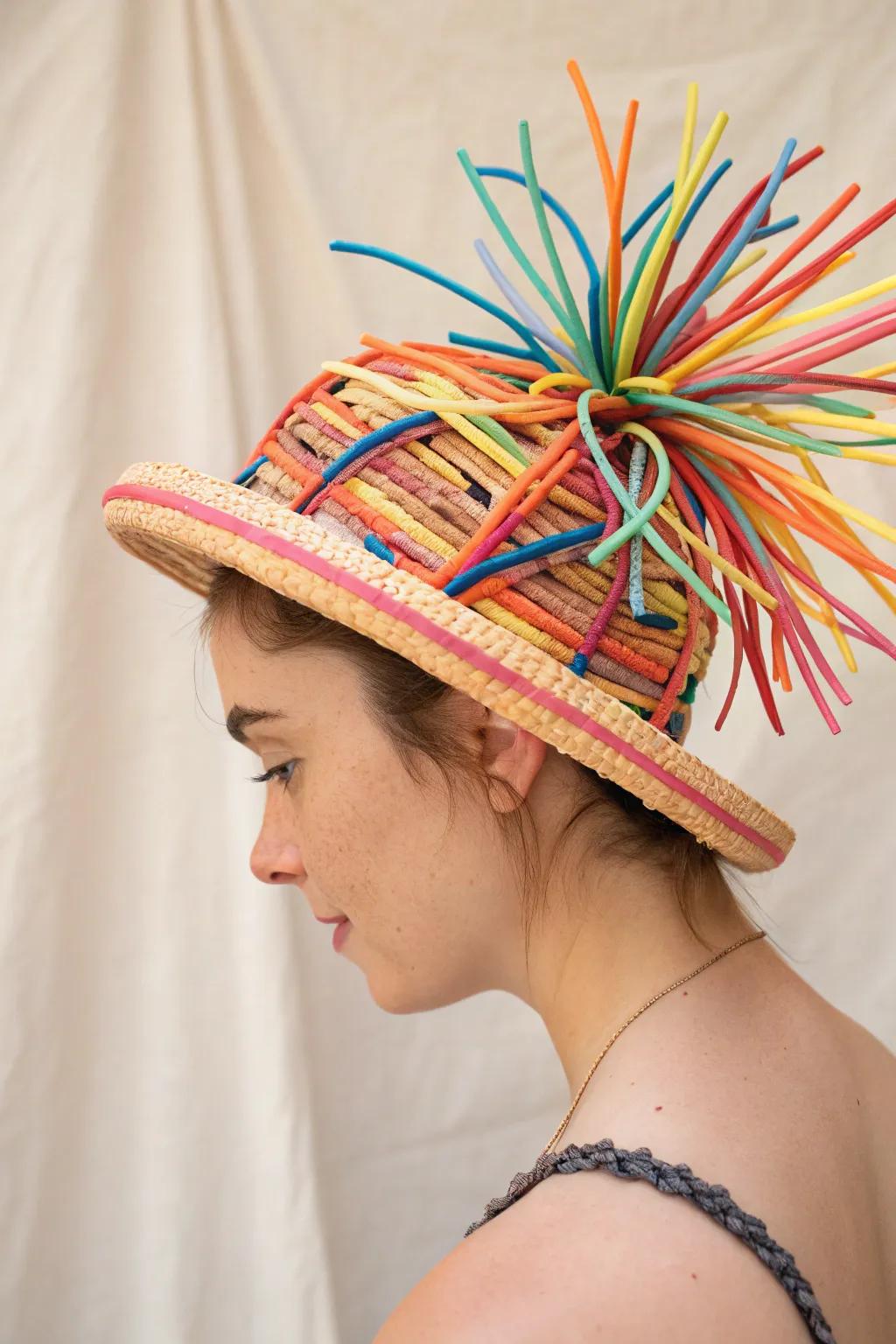 Unleash your creativity with a burst of color and texture in this artful straw hat masterpiece!