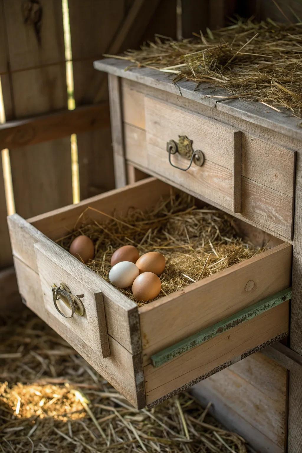 Transform your old dresser drawers into charming chicken nesting boxes, blending vintage elegance with rustic simplicity.