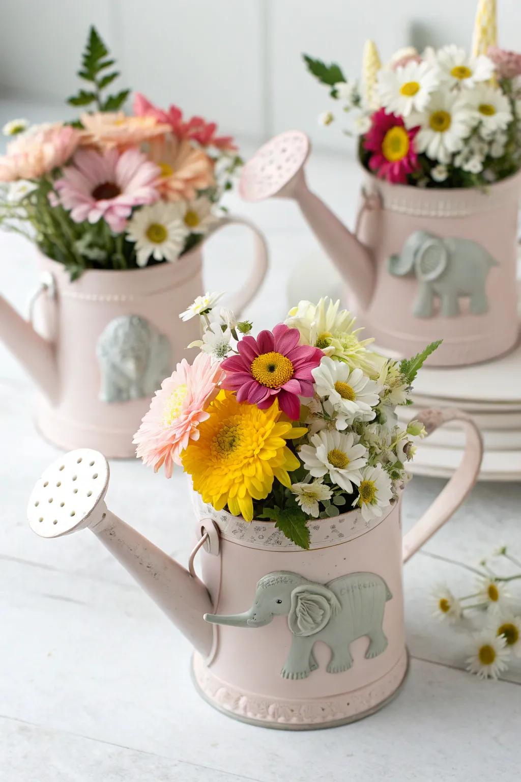 Mini watering can centerpieces with elephant touches.