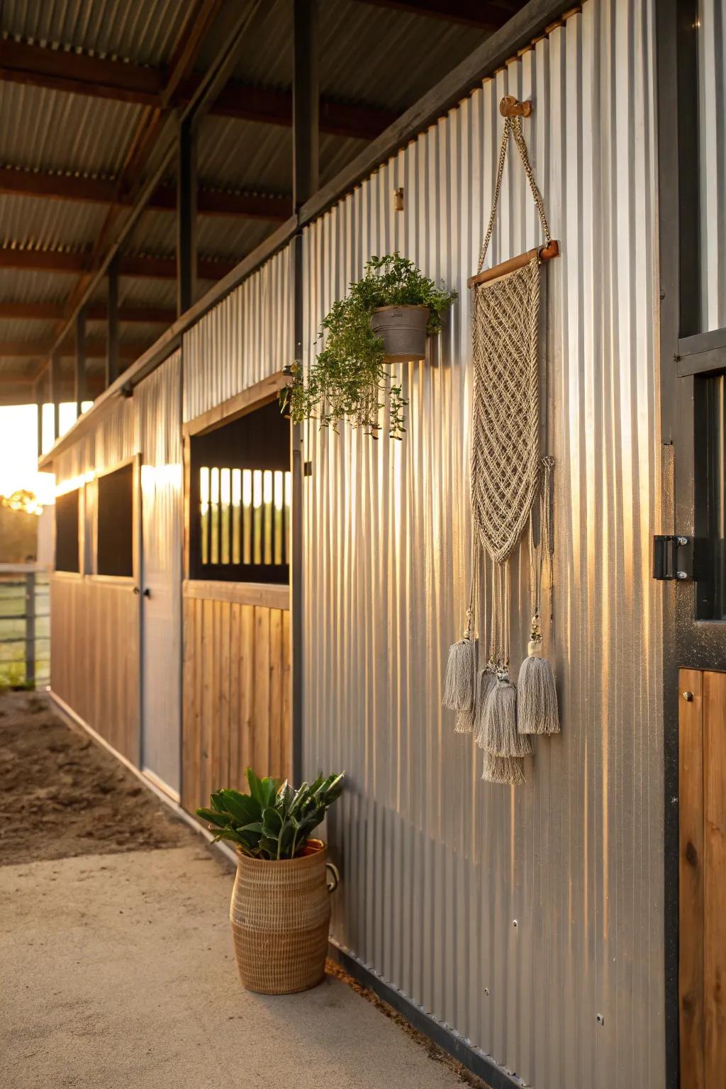 Modern meets Boho: A striking blend of industrial chic and natural warmth with corrugated metal stall walls.