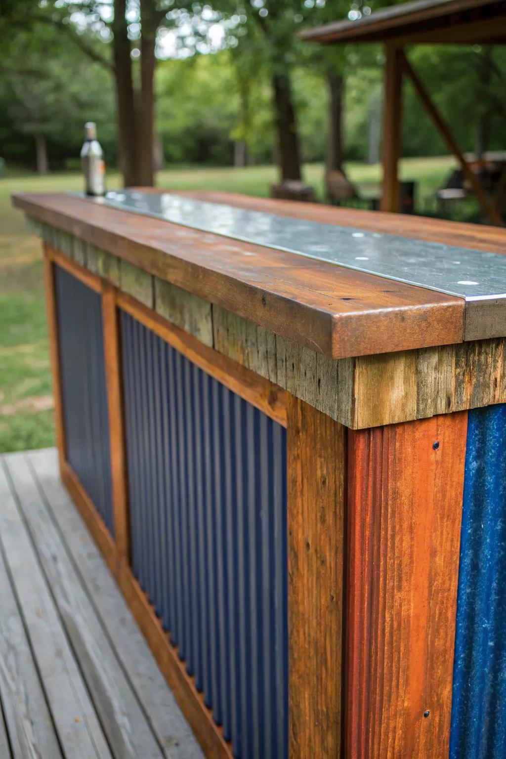 Unleash industrial chic with this striking corrugated metal bar top—where rugged meets refined.