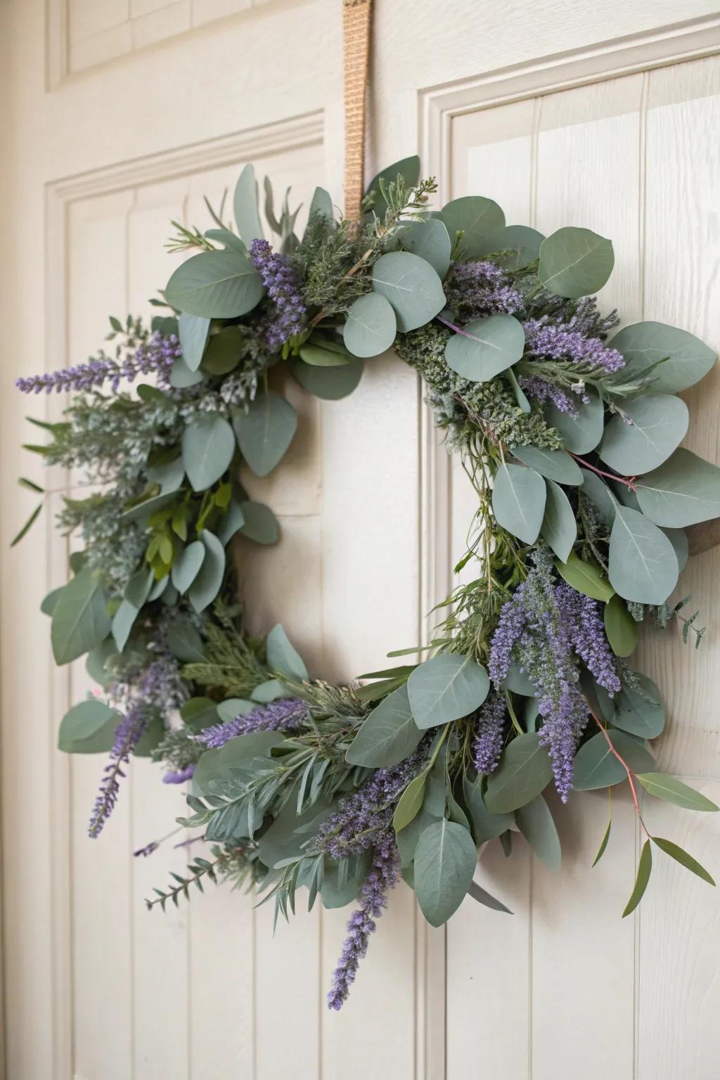Embrace tranquility with this eucalyptus and lavender wreath, a perfect blend of natural beauty and calming scents.