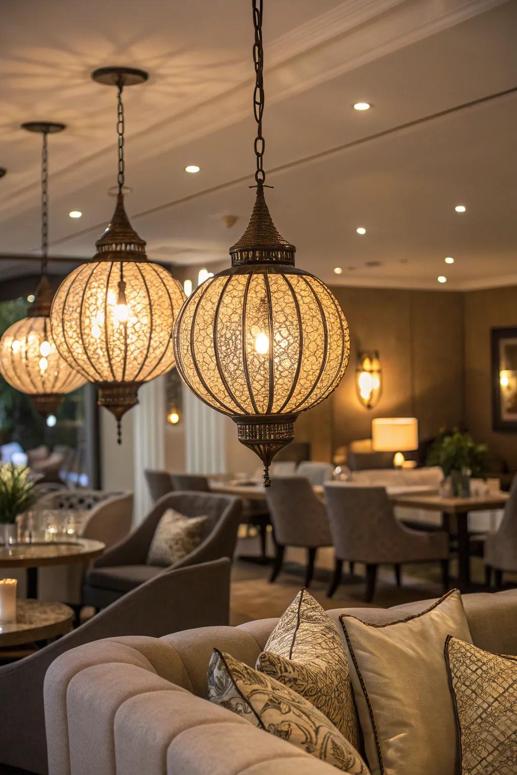 Room illuminated by stylish lighting fixtures.