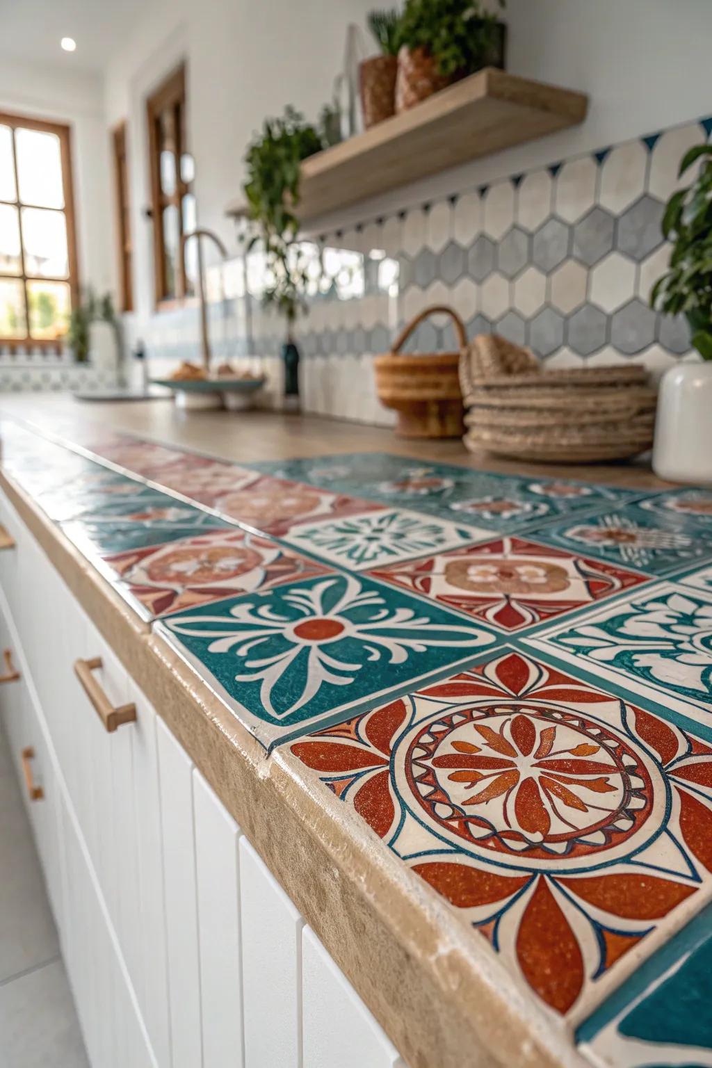 Transform your kitchen with a stunning tile overlay that combines bold colors with minimalist elegance.