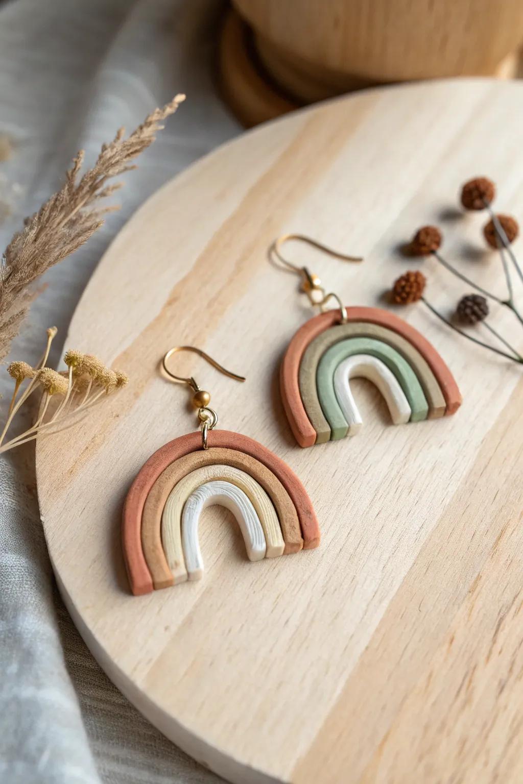 Embrace the whimsy of handcrafted boho rainbows with these charming clay earrings.
