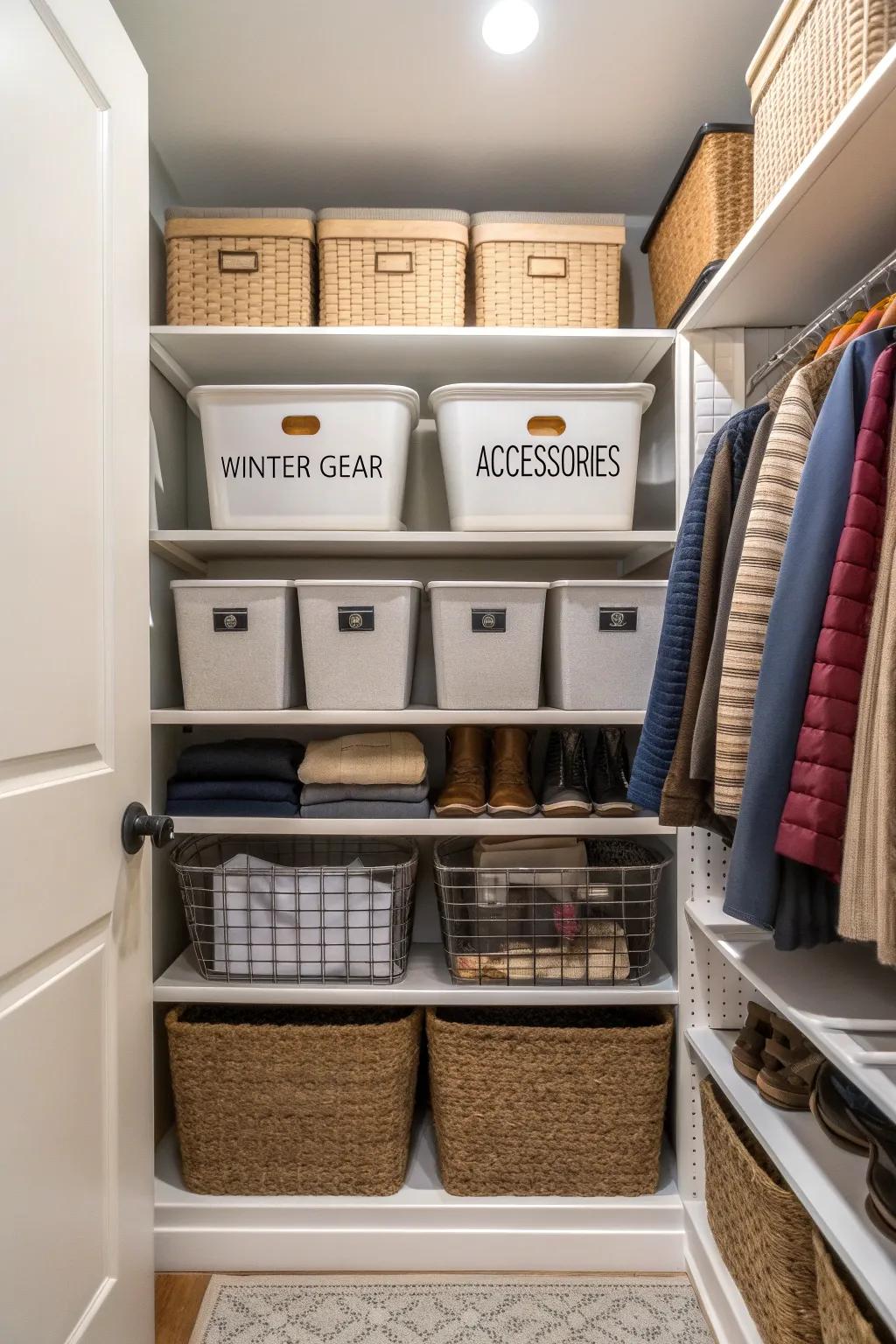 Labeled bins help maintain order and make items easy to find.