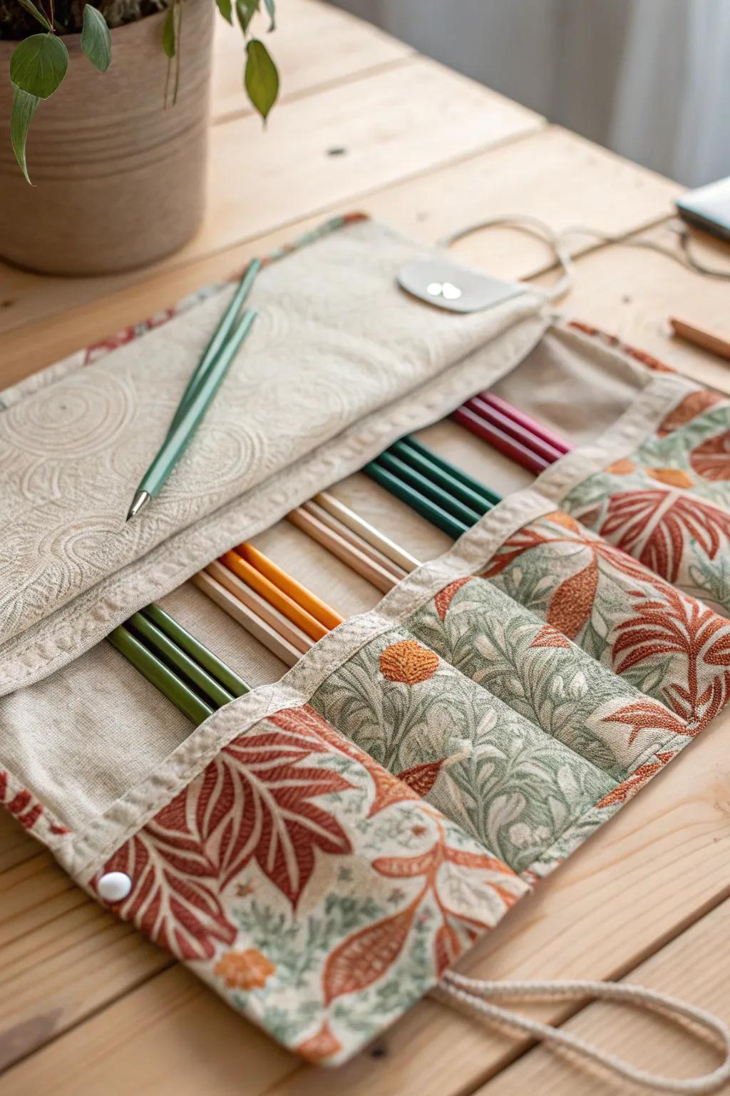 Travel in style with this chic rolled fabric organizer for your knitting essentials.