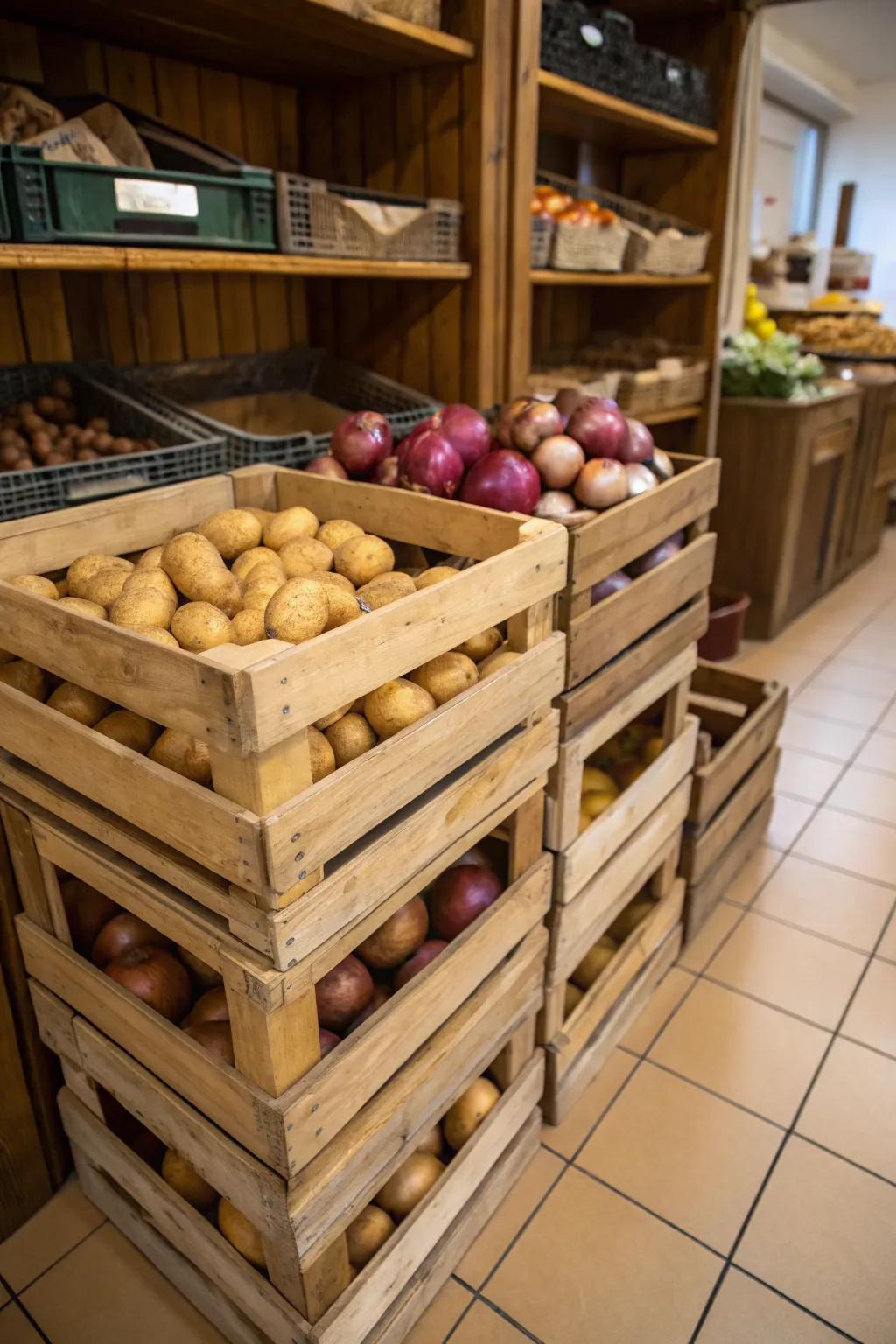 Stackable crates help maximize storage space in the pantry.