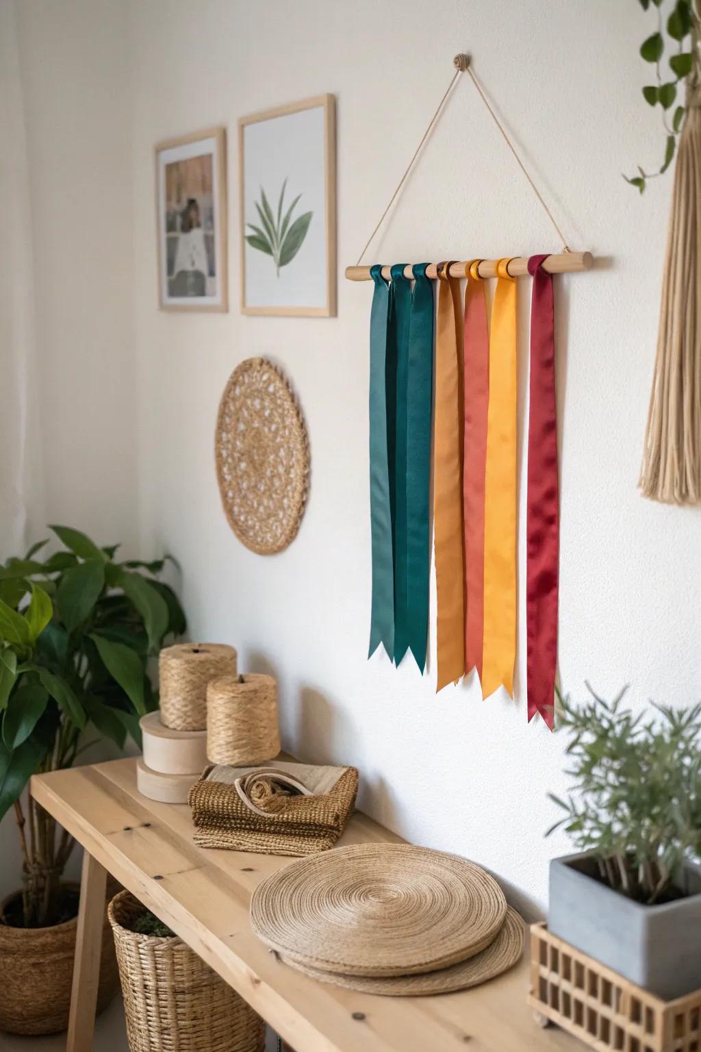 Effortlessly chic: Keep your ribbons organized and ready for crafting with this minimalist tension rod solution.