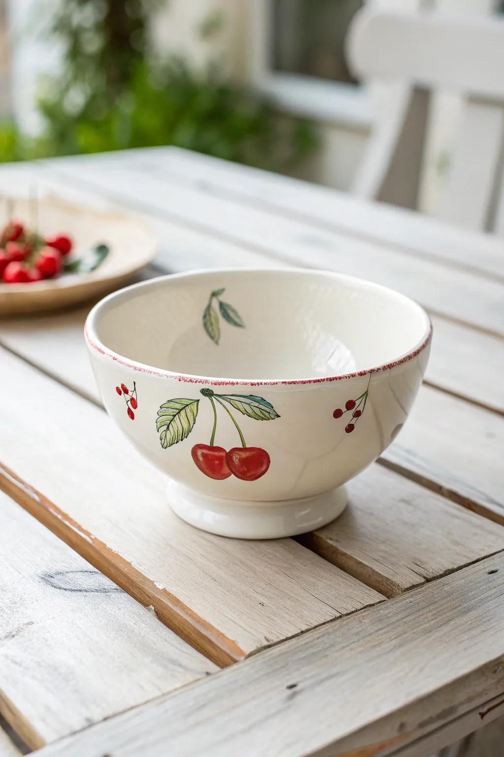 Add a sweet touch to your gatherings with a cherry-painted bowl that combines minimalist elegance with boho charm.