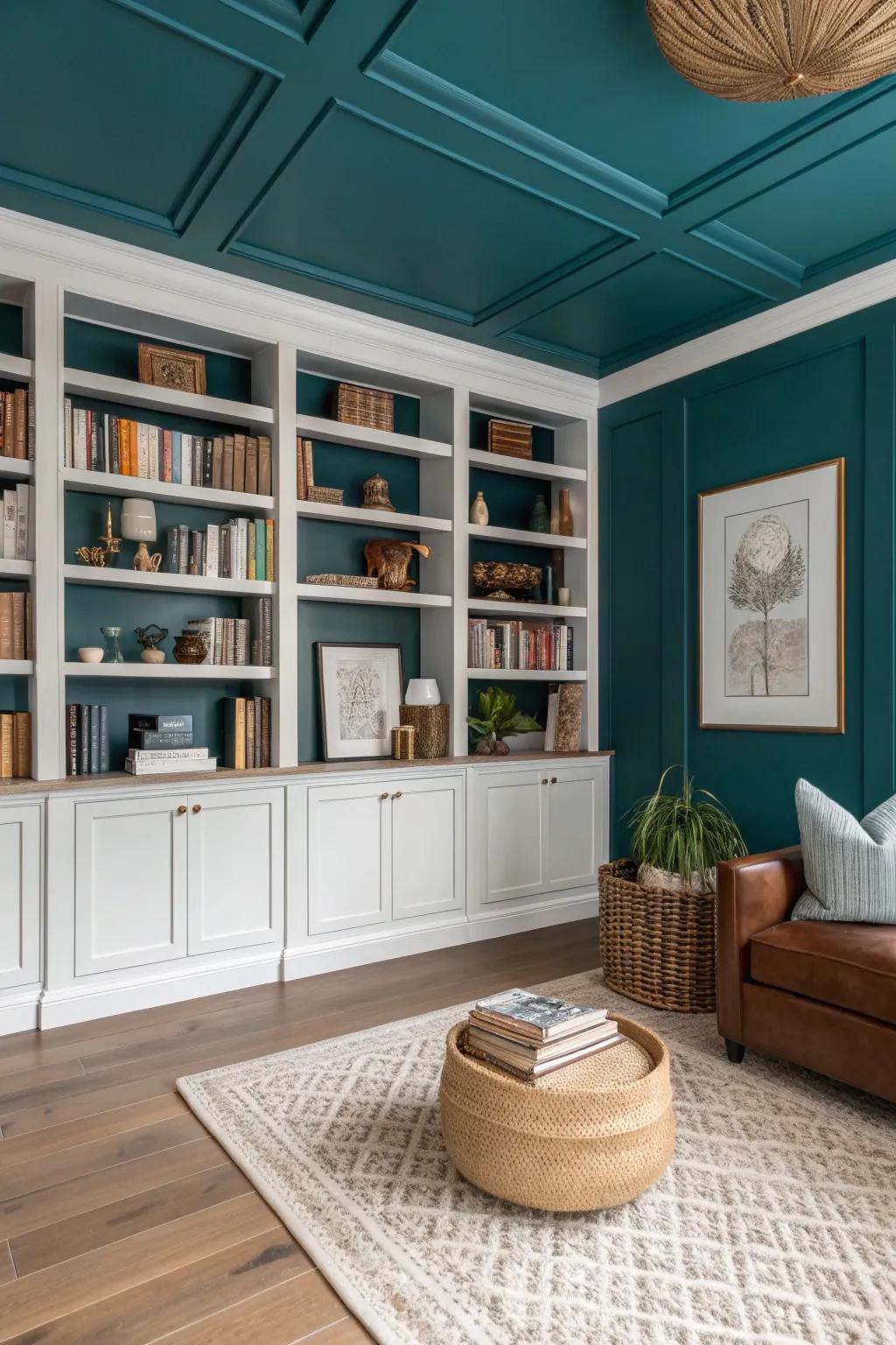 Transform your space with a cohesive look by matching your ceiling to your bookshelves. Dive into a world of color and style!