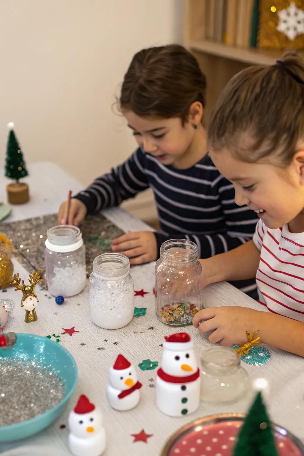 Kids crafting their own snow globes as a memorable keepsake.