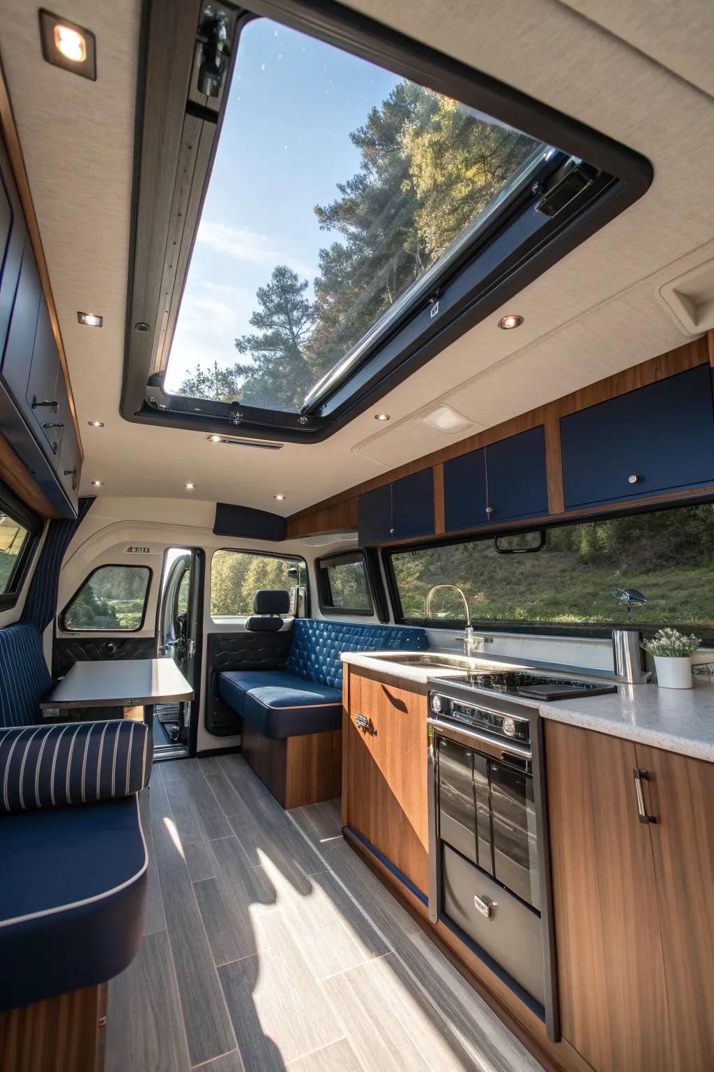 Experience the freedom of open skies and luxurious craftsmanship with our Skylight Serenity camper van design.