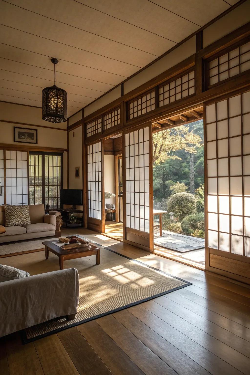 Shoji screens provide elegance and functionality by diffusing natural light.